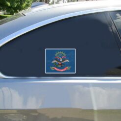 North Dakota Vintage Flag Car Sticker shown on a vehicle rear window
