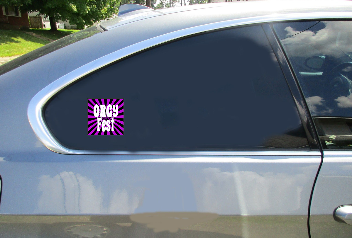 Orgy Fest Car Sticker shown on a vehicle rear window