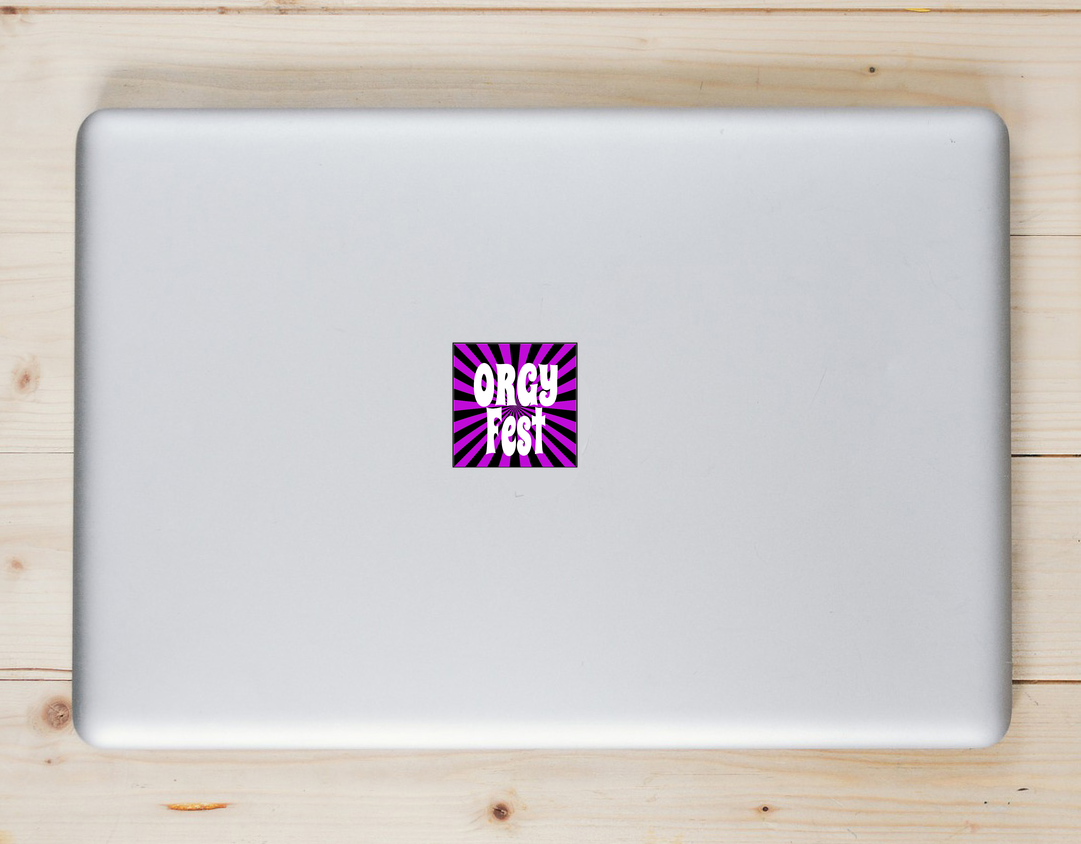 Orgy Fest Laptop Sticker shown on a laptop lid