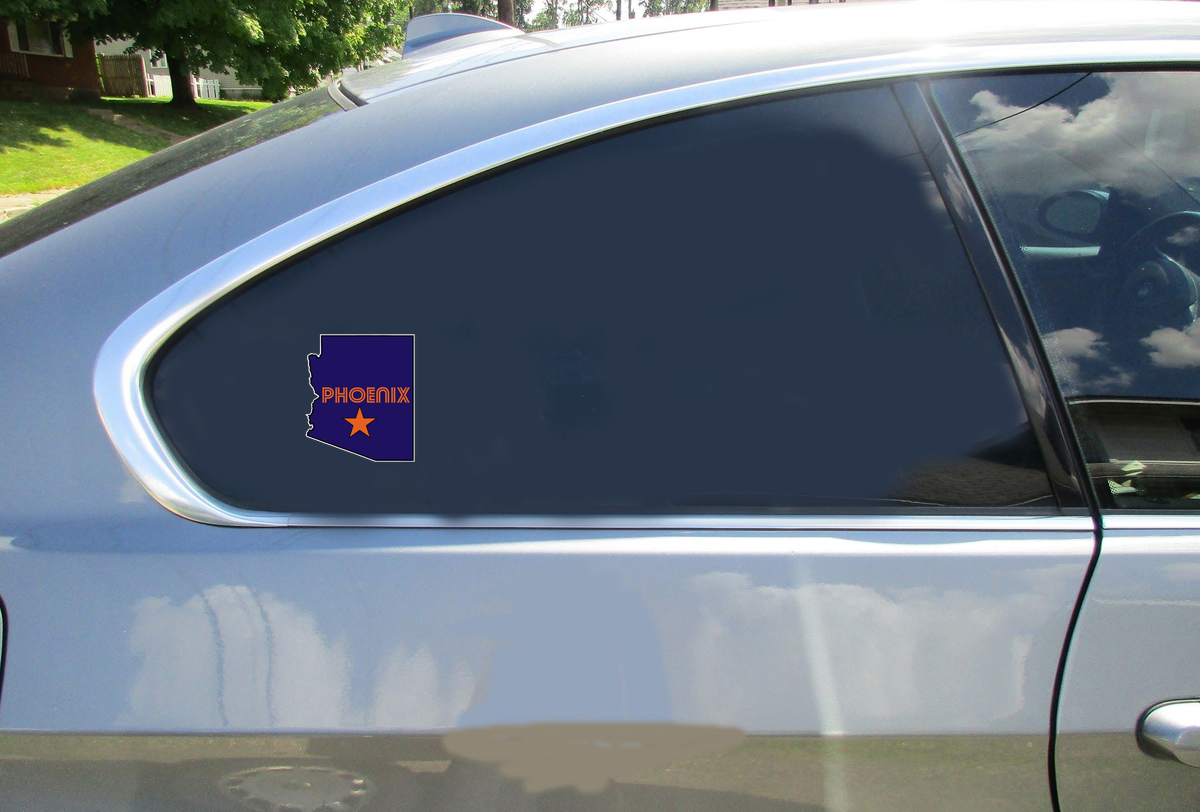 Phoenix Arizona State Shaped Car Sticker shown on a vehicle rear window