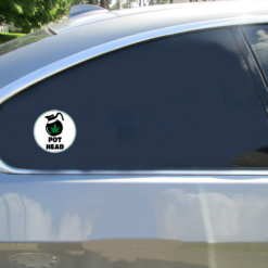 Pot Head Cannabis Car Sticker shown on a vehicle rear window