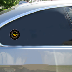 Psychedelic Marijuana Leaf Car Sticker shown on a vehicle rear window