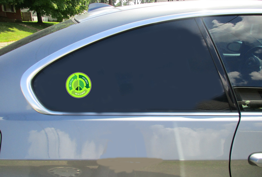 Re-Cycle Peace Sign Car Sticker shown on a vehicle rear window