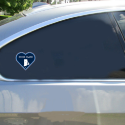 Rhode Island Heart Shaped Car Sticker shown on a vehicle rear window
