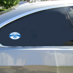 Scotland Rugby Ball Shaped Car Sticker shown on a vehicle rear window