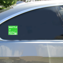 Seattle Skyline Green Car Sticker shown on a vehicle rear window