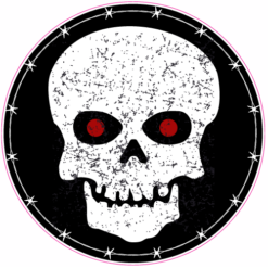 Skull With Red Eyes Circle Sticker – vinyl decal printed in the USA