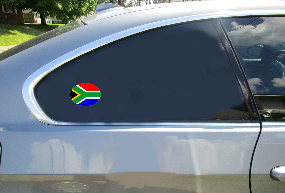 South African Flag Oval Car Sticker shown on a vehicle rear window