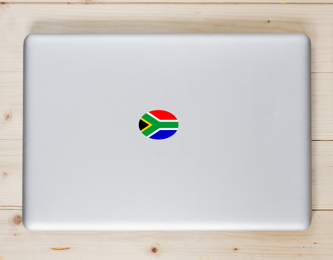 South African Flag Oval Laptop Sticker shown on a laptop lid