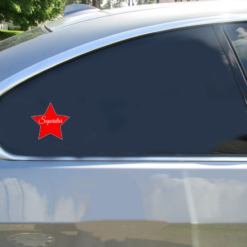 Superstar Star Shaped Red Car Sticker shown on a vehicle rear window