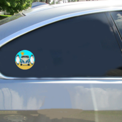 Surf Van Surfboard Circle Car Sticker shown on a vehicle rear window