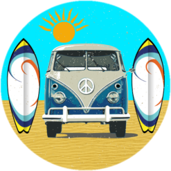 Surf Van Surfboard Circle Sticker – vinyl decal printed in the USA