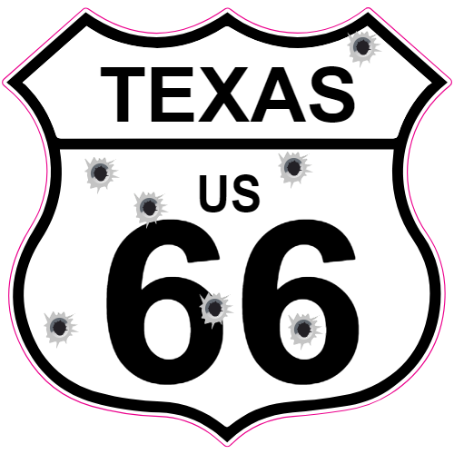 Texas Route 66 Bullet Hole Road Sign Sticker – vinyl decal printed in the USA