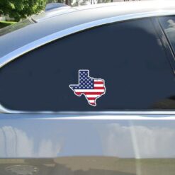 Texas Shaped American Flag Car Sticker shown on a vehicle rear window
