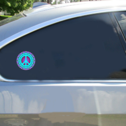 Trippy Peace Sign Circle Car Sticker shown on a vehicle rear window
