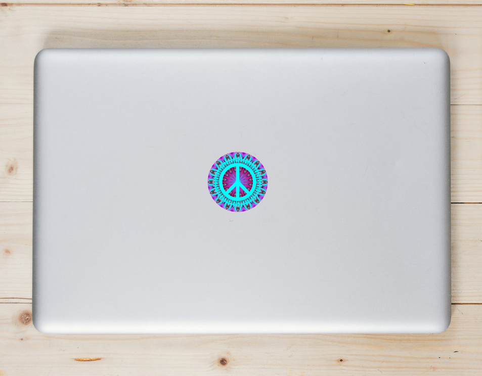 Trippy Peace Sign Circle Laptop Sticker shown on a laptop lid