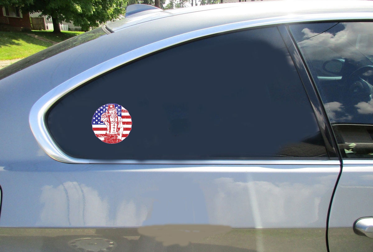 Uncle Sam Flag Distressed Car Sticker shown on a vehicle rear window