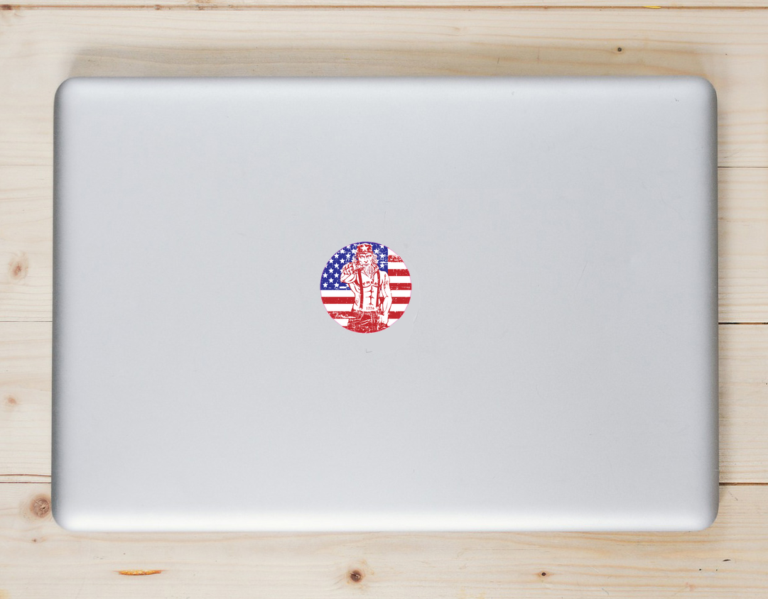 Uncle Sam Flag Distressed Laptop Sticker shown on a laptop lid