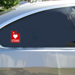 Utah Heart Red State Shaped Car Sticker shown on a vehicle rear window