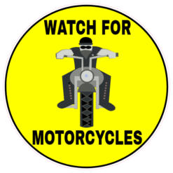 Watch For Motorcycles Yellow Circle Sticker – vinyl decal printed in the USA