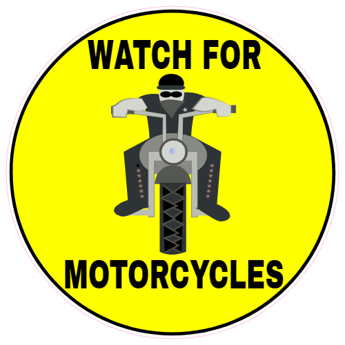 Watch For Motorcycles Yellow Circle Sticker – vinyl decal printed in the USA