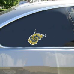 West Virginia Tie Dye State Car Sticker shown on a vehicle rear window