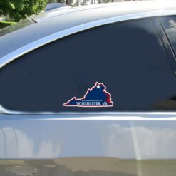 Winchester Shenandoah Valley State Shaped Car Sticker shown on a vehicle rear window