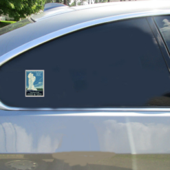 Yellowstone National Park Vintage Car Sticker shown on a vehicle rear window