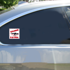 Zombie Patrol Dead Square Car Sticker shown on a vehicle rear window