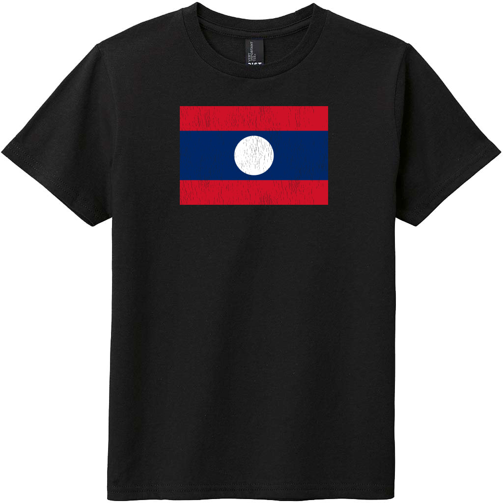 Laos Vintage Flag Youth T-Shirt Black - US Custom Tees