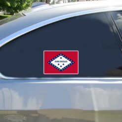 Arkansas State Flag Car Sticker shown on a vehicle rear window