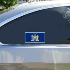 New York State Flag Car Sticker shown on a vehicle rear window