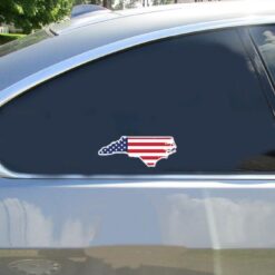 North Carolina American Flag State Car Sticker shown on a vehicle rear window