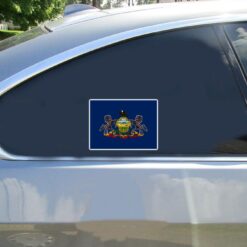 Pennsylvania State Flag Car Sticker shown on a vehicle rear window