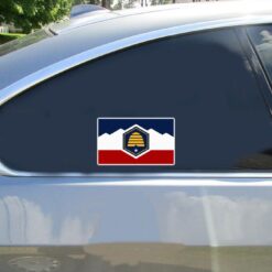 Utah State Flag Car Sticker shown on a vehicle rear window