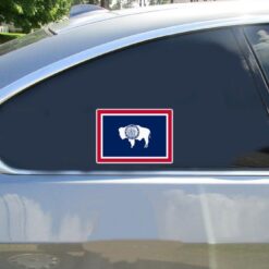 Wyoming State Flag Car Sticker shown on a vehicle rear window